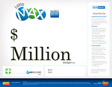 图片左上方有LOTTO MAX的标识,其旁边是ENCORE的标识。图片中部写着一个$符号,下面写着“Million Jackpot”。在其下方有两个方框,需要填写相关内容。图片的右侧有一个长方形的框,里边写着“Group Play Tips”的相关内容。图片最下方是OLG品牌的相关内容。
