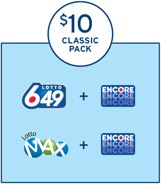 在一个浅蓝色的方框上方,有一个圆圈,圈内有三行字,分别显示着“$10”,“CLASSIC”,及“PACK”。在浅蓝色的方框内,有两行内容,分别显示着“LOTTO 649的标识 + ENCORE的标识”及“LOTTO MAX的标识 + ENCORE的标识”。