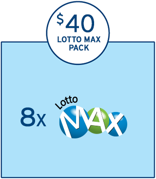 在一个浅蓝色的方框上方,有一个圆圈,圈内有三行字,分别写着“$40”,“LOTTO MAX”及“PACK”。在浅蓝色的方框内有一行内容,显示着“8 x LOTTO MAX的标识”。