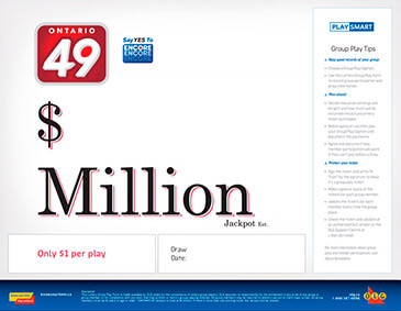 圖片左上方有ONTARIO 49的標識,其旁邊是ENCORE的標識。圖片中部寫著一個$符號,下面寫著「Million Jackpot」。在其下方有兩個方框,需要填寫相關内容。圖片的右側有一個長方形的框,裡邊寫著「Group Play Tips」的相關內容。圖片最下方是OLG品牌的相關內容。